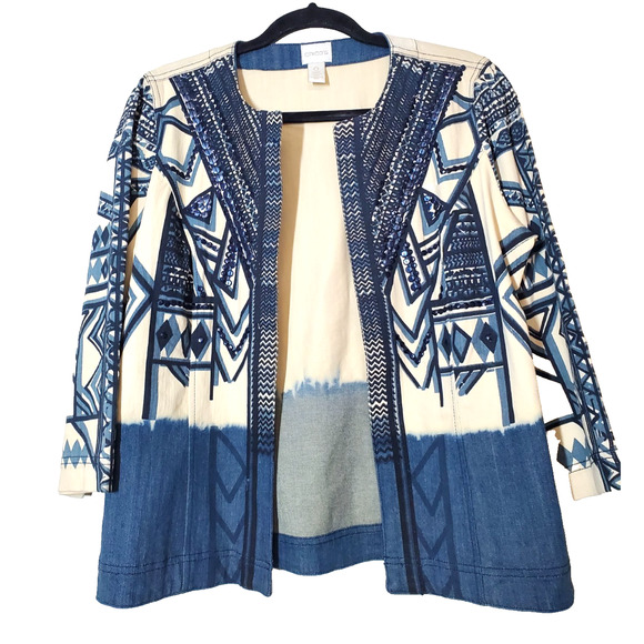 Chico's 1 Womens medium Denim Jacket Lightweight Open Front Blue Printed Sequins - Picture 1 of 8